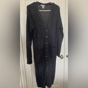 Dark Gray Cable Knit Cardigan Sweater | Full Length